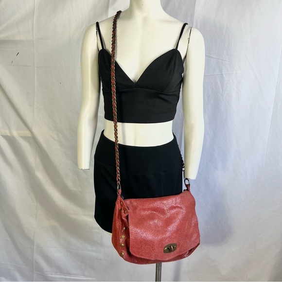 Red leather crossbody bag  metallic straps genuine leather made in italy - Picture 3 of 12